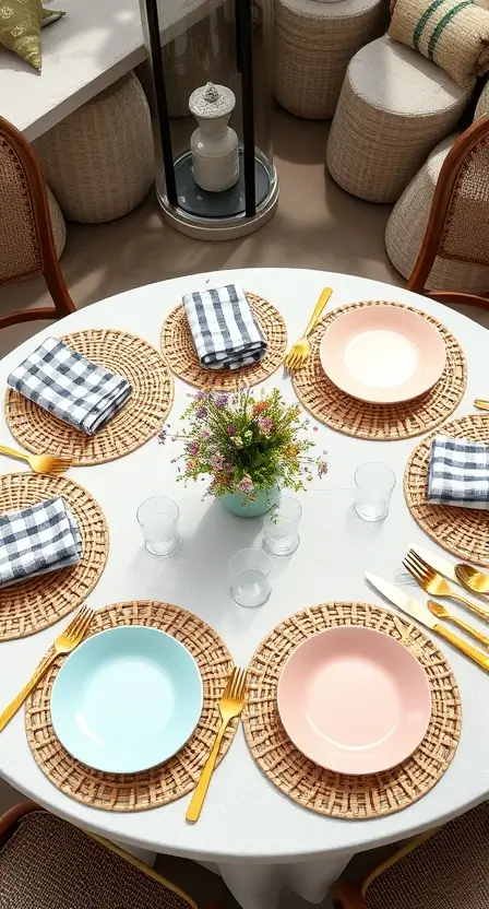 A round table with circular woven placemats under pastel-colored dinner plates. The setup includes striped linen napkins and gold flatware, with a small bouquet of wildflowers as the centerpiece.