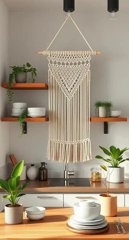 A neutral-toned macramé wall hanging in a modern kitchen with wooden shelves, green potted plants, and minimalistic crockery.