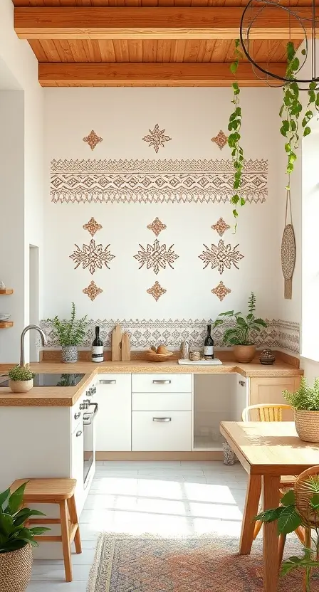 A light-colored kitchen wall with boho-style tribal stencils in soft hues, paired with nearby wooden furniture and green plants for a cohesive look.