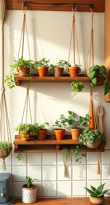 A boho kitchen wall featuring a wooden rack with small terracotta pots holding fresh herbs, framed by hanging macramé planters and warm, natural lighting.