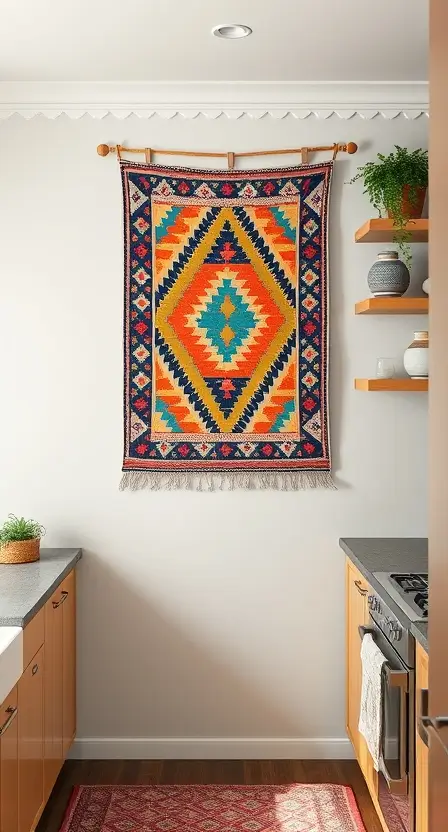 A small boho rug with bold geometric patterns hanging on a kitchen wall, accompanied by floating shelves with pottery and greenery for contrast.