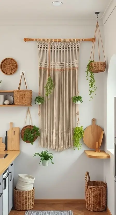 A wooden-beaded wall hanging draped across a light kitchen wall, surrounded by wicker baskets, hanging plants, and neutral-toned accessories.