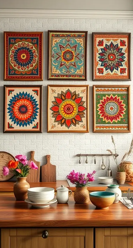 A boho kitchen wall with framed fabric art featuring abstract tribal patterns, set above a wooden countertop adorned with ceramic dishes and fresh flowers.