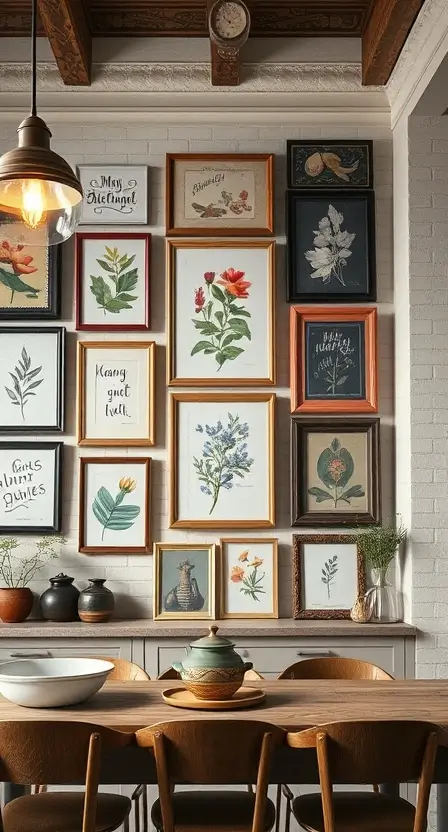 A gallery wall in a boho kitchen with mismatched vintage frames, featuring botanical prints, calligraphy, and abstract designs, surrounded by boho-style pendant lighting.