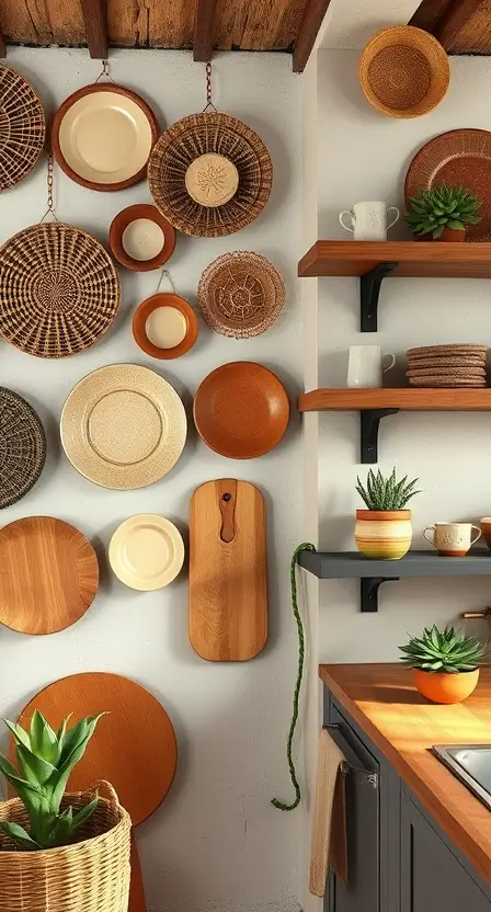 A boho kitchen wall adorned with woven baskets and plates in earthy tones, with nearby floating wooden shelves holding succulents and ceramic mugs.