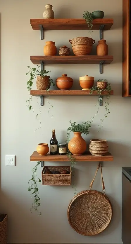 Floating wooden shelves in a boho kitchen holding terracotta pots, rattan baskets, small jars of spices, and trailing greenery against a neutral wall.