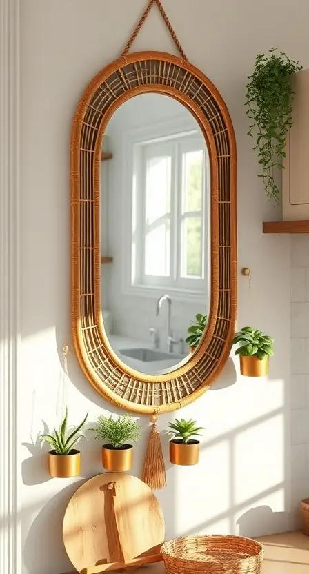 A rattan-framed mirror hanging on a boho kitchen wall, reflecting natural light, surrounded by small hanging planters and minimalistic cabinets.