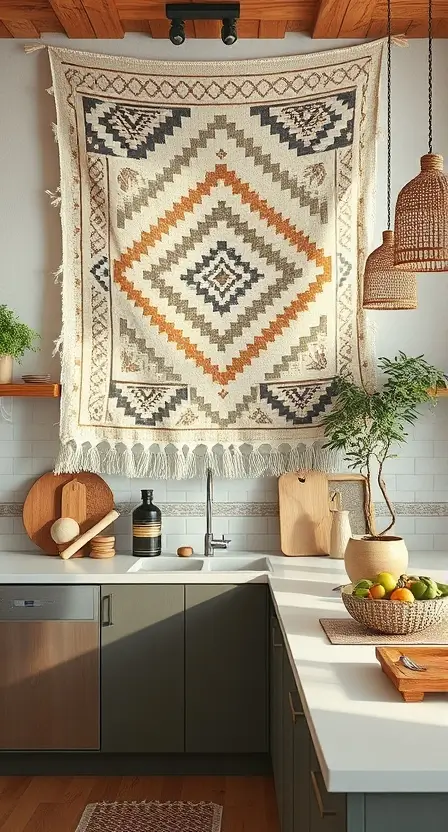 A boho kitchen with a handmade tapestry featuring geometric patterns in neutral and earthy tones, hung above a sleek countertop with wooden accents.