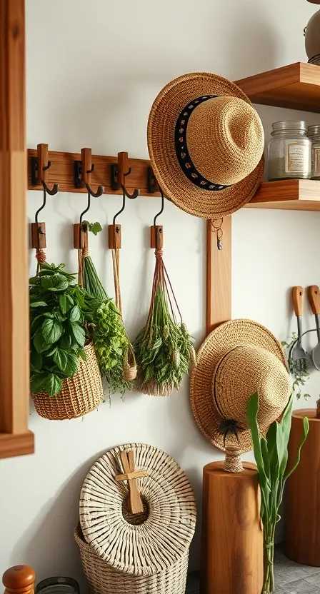 A kitchen wall with wooden hooks holding dried herbs, a woven basket, and a boho hat, framed by warm wood shelves and soft lighting.