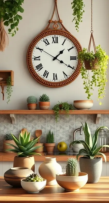 A rattan-framed wall clock in a modern boho kitchen, mounted above a countertop with ceramic bowls, potted succulents, and hanging greenery.