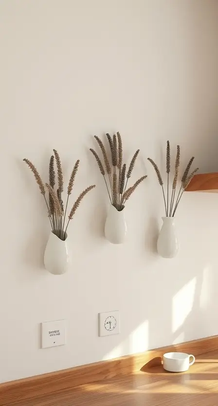 A neutral kitchen wall with small ceramic vases mounted on it, holding dried pampas grass and lavender, surrounded by soft boho lighting.