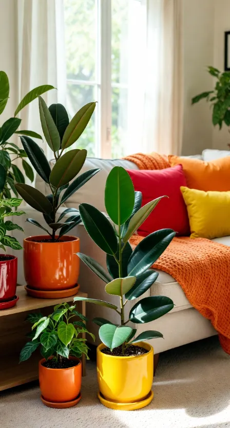 A cozy living room with a vibrant corner featuring baby rubber plants in colorful ceramic planters, bright throw pillows on a sofa, and natural sunlight streaming in from a window