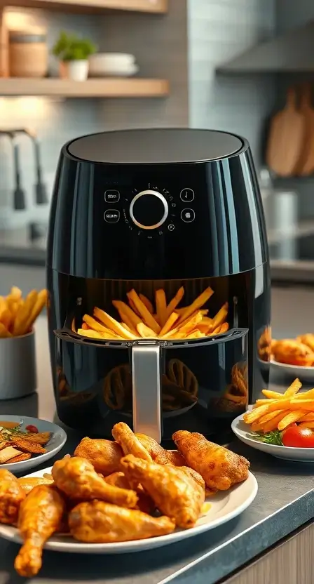 A sleek black air fryer on a modern kitchen countertop, surrounded by freshly cooked golden fries, chicken wings, and roasted vegetables.