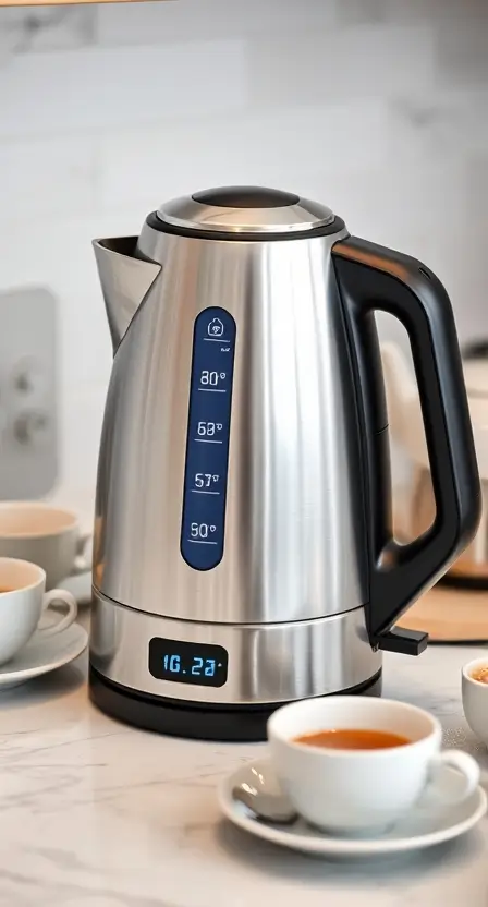 A stylish electric kettle with a digital temperature display, sitting on a marble countertop alongside tea cups and a teapot.