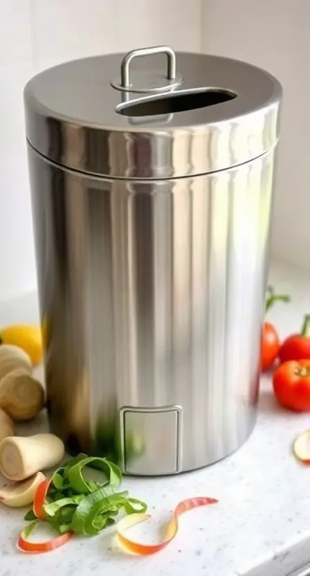 A sleek stainless steel compost bin on a countertop, surrounded by vegetable peels and food scraps.