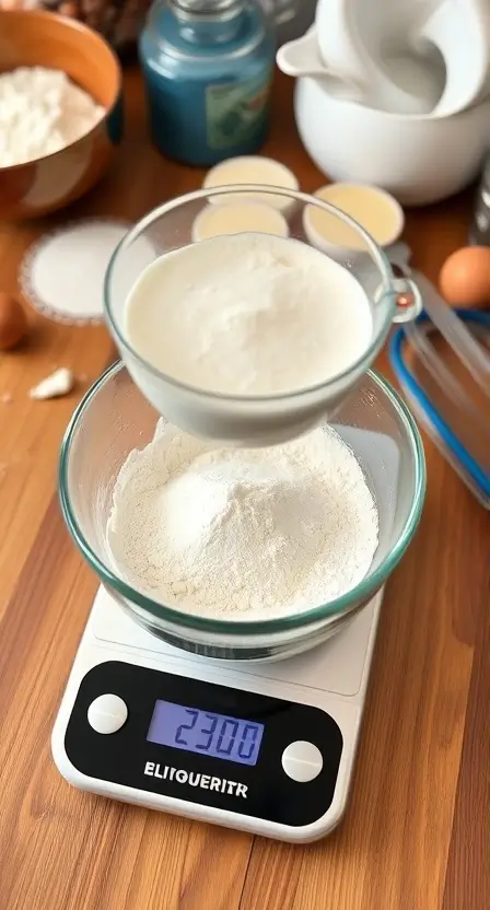 A digital kitchen scale on a wooden countertop with a bowl of flour being measured, surrounded by baking tools and ingredients.