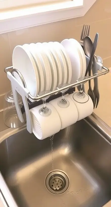 An expandable dish rack on a sink, holding plates, glasses, and utensils, with water dripping into the basin.