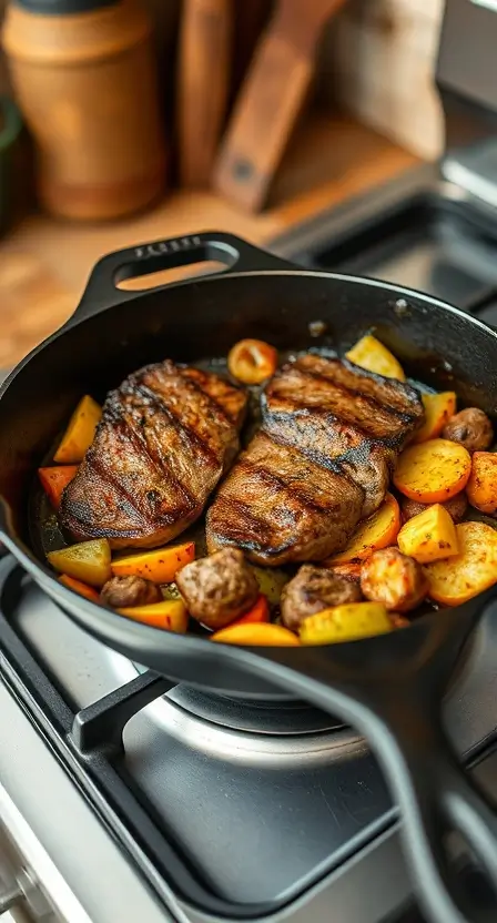 A cast iron skillet on a stove, filled with sizzling steak and vegetables, with a rustic kitchen backdrop.