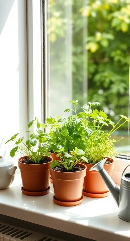 A small herb garden kit on a sunny windowsill, with lush green herbs growing in pots and a watering can nearby.