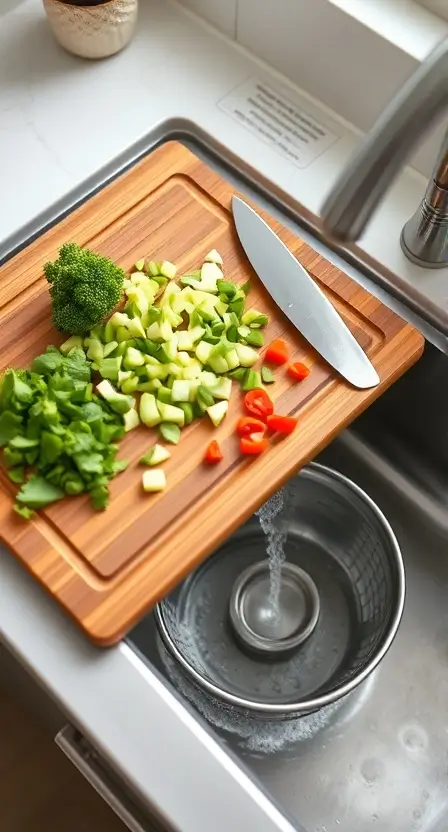 A wooden over-the-sink cutting board with a strainer holding fresh vegetables, set above a stainless steel sink.