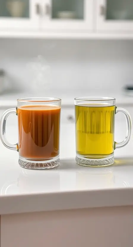 Two double-walled glass mugs on a white kitchen countertop, one filled with coffee and the other with green tea, with steam rising from them.