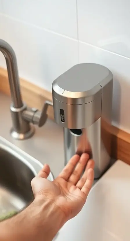 A silver automatic soap dispenser next to a kitchen sink, dispensing soap as a hand is placed underneath.