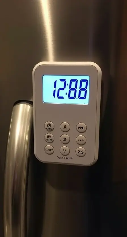 A modern digital kitchen timer attached to a refrigerator, showing the countdown time for baking cookies.