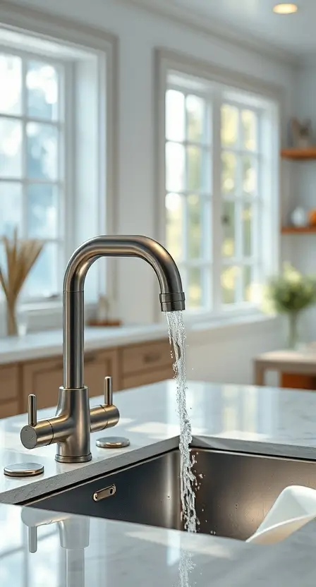 A brushed nickel touch faucet in a bright kitchen, with water flowing as someone taps it lightly with the back of their hand.