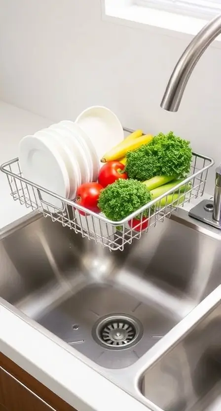 A roll-up dish drying rack placed over a stainless steel sink, holding washed dishes and fresh vegetables.