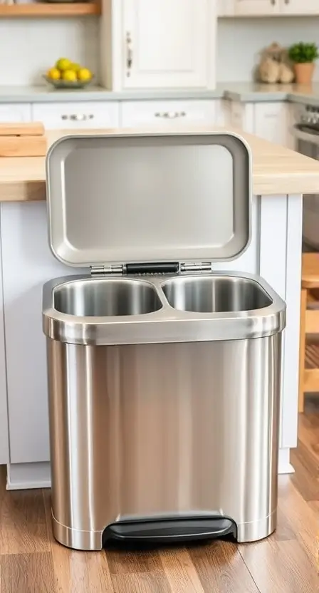 A stainless steel dual-compartment trash bin placed against a kitchen island, with one lid open showing neatly separated compartments.