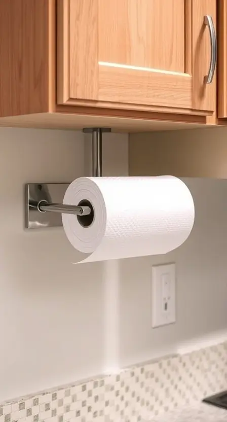 A stainless steel wall-mounted paper towel holder fixed under a cabinet, holding a roll of paper towels above a countertop.