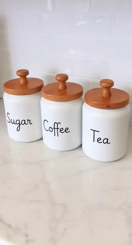 A set of white ceramic canisters with wooden lids, neatly arranged on a marble countertop, labeled with "Sugar," "Coffee," and "Tea."