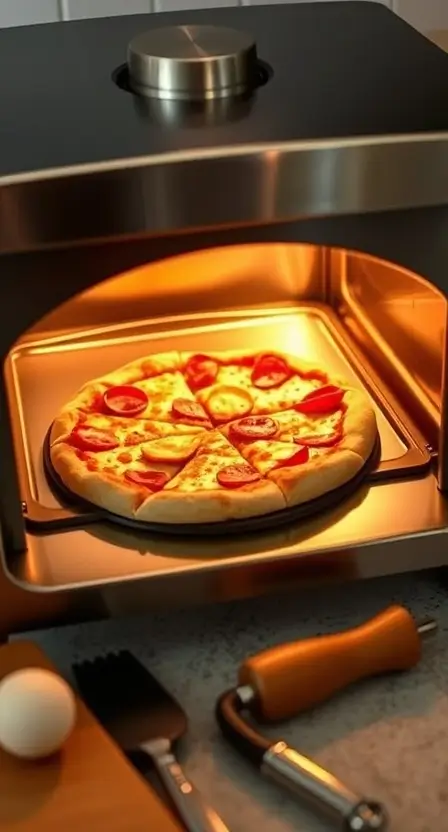 A sleek countertop pizza oven with a golden, bubbling pizza visible through the glass door, surrounded by pizza-making tools.