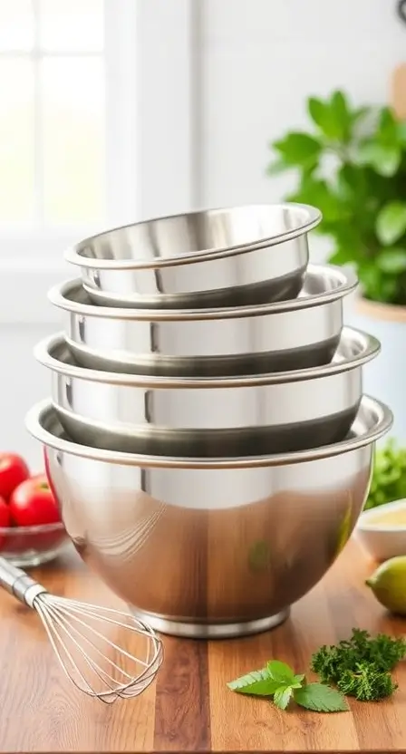 A set of stainless steel mixing bowls in various sizes, neatly stacked on a wooden countertop with a whisk and fresh ingredients nearby.