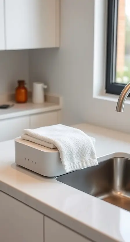 A sleek white countertop towel warmer with a warm towel being pulled out, placed beside a sink in a modern kitchen.