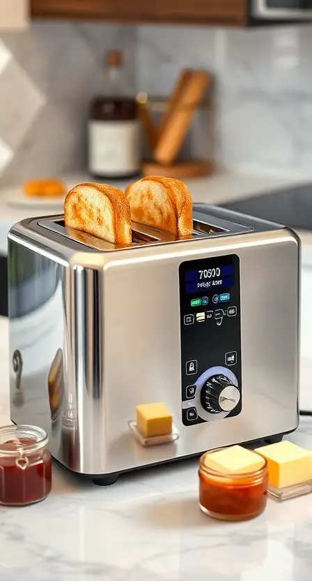 A stainless steel touchscreen toaster on a marble countertop, with golden-brown toast popping out and butter and jam jars nearby.