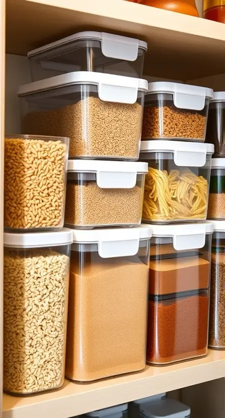 A row of clear, stackable food storage containers filled with grains, pasta, and spices, displayed neatly on an open shelf.