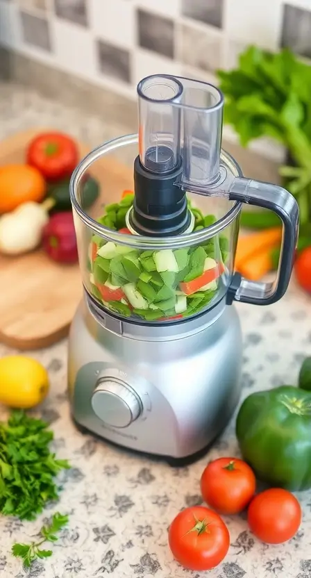 A modern food processor on a countertop, filled with chopped vegetables, surrounded by a cutting board and fresh produce.