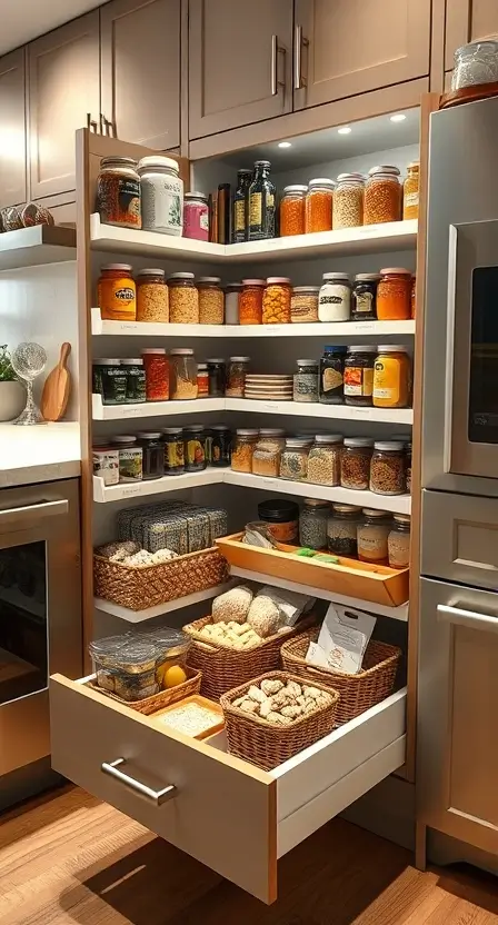 A well-organized pull-out pantry drawer showcasing neatly arranged jars, cans, and baskets of dry goods in a modern kitchen.