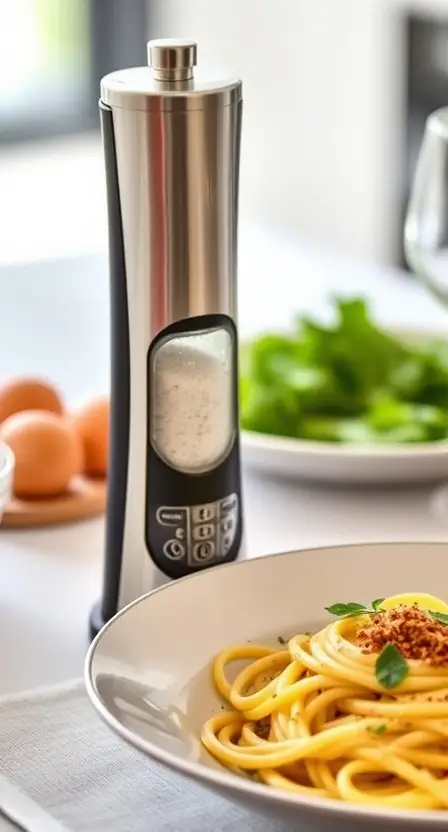 A sleek electric salt and pepper grinder set on a dining table, with freshly ground pepper falling onto a plate of pasta garnished with herbs.