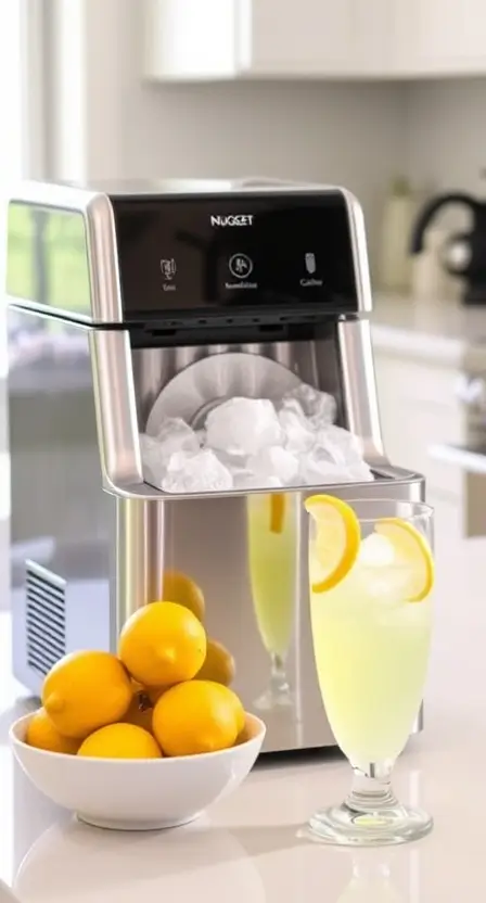 A countertop nugget ice maker dispensing ice into a glass filled with lemonade, placed beside a bowl of lemons on a bright kitchen counter.