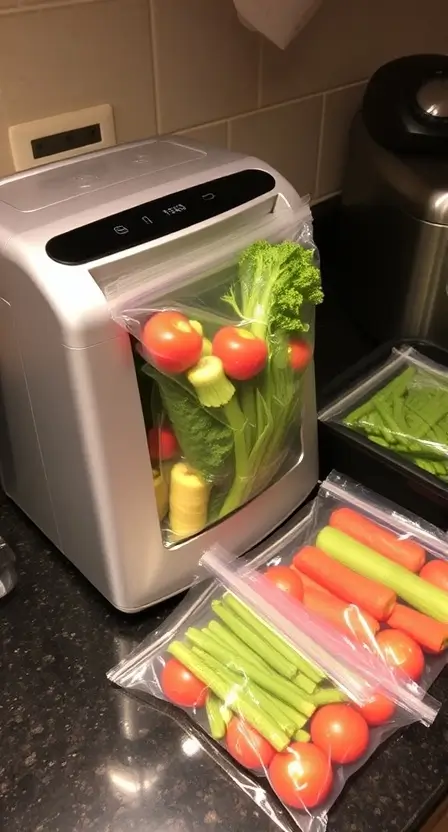 A sleek vacuum sealer on a counter, sealing a bag of fresh vegetables, with other pre-sealed bags neatly arranged nearby.