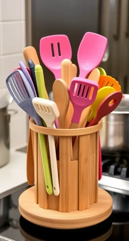 A bamboo rotating utensil holder filled with colorful kitchen tools, placed beside a stovetop with pots and pans in the background.