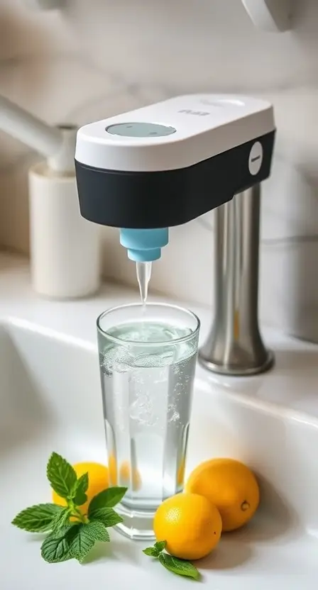 A modern countertop water filtration system installed on a kitchen sink, with a glass of crystal-clear water being filled, surrounded by fresh lemons and mint leaves.