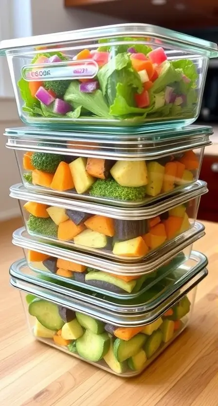 A set of glass meal prep containers filled with colorful salads and roasted veggies, stacked neatly on a wooden countertop.