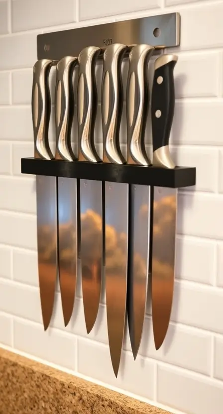 A magnetic knife holder mounted on a white tiled wall, displaying an array of shiny, high-quality knives.