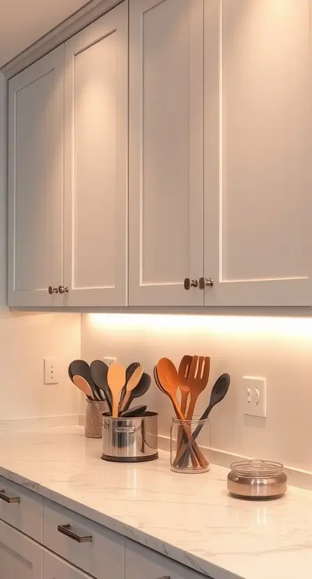 Warm white LED lights glowing under modern white cabinets, illuminating a marble countertop with neatly arranged cooking tools.