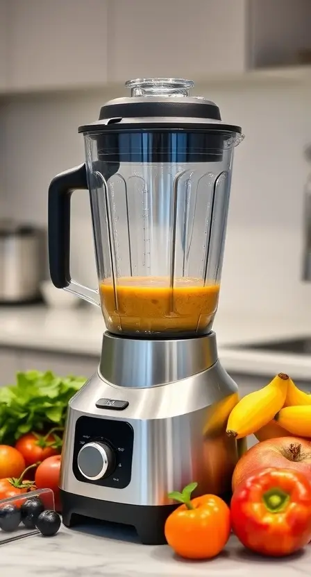 A stainless steel high-speed blender on a countertop with a vibrant smoothie and fresh fruits surrounding it.