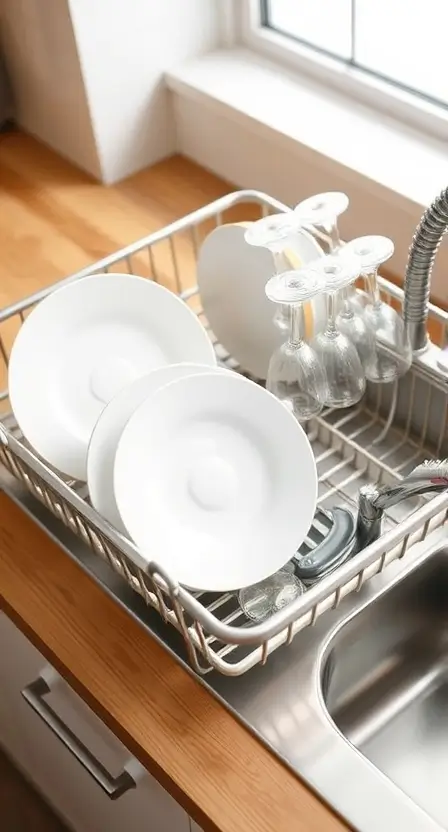 A modern dish drying rack with sparkling clean plates and glasses, placed near a sink on a wooden countertop.