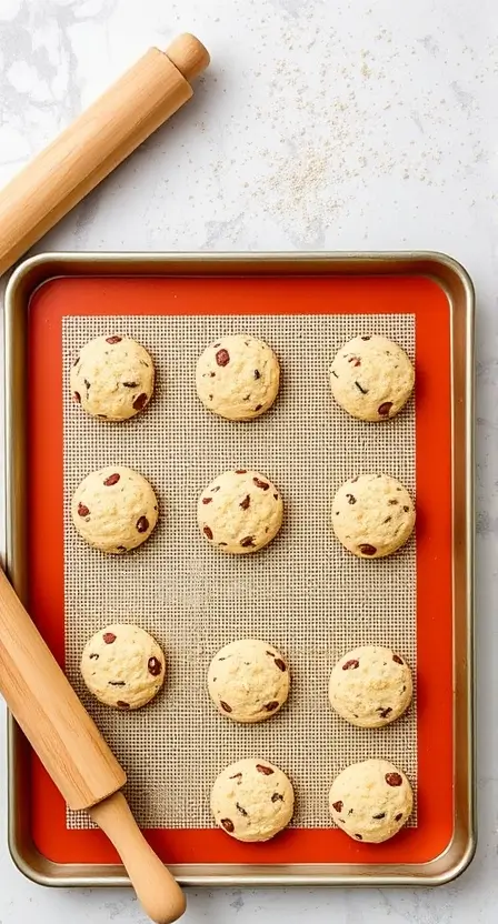 A silicone baking mat on a baking tray, with freshly baked cookies and a rolling pin beside it.